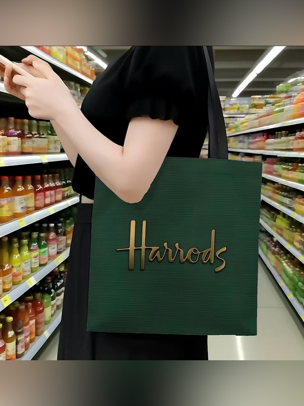 Harrods Shopping Tote Bag with Gold Logo